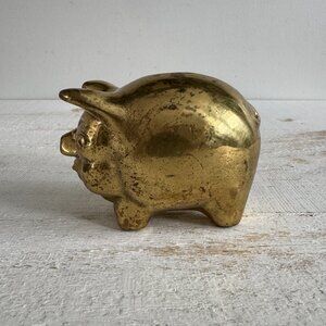 Vintage Small Brass Pig Piggy Bank - Metal Split Pig Coin Bank